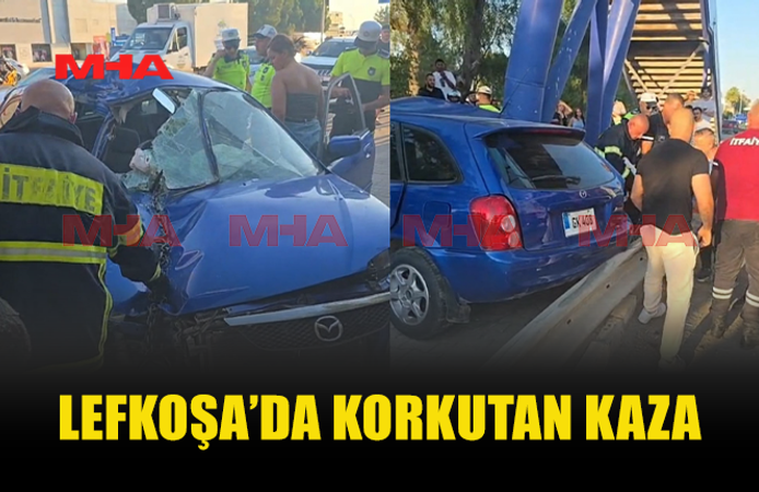 LEFKOŞA’DA KORKUTAN KAZA: BARİYERLERİ AŞIP BETONA VURUP DURABİLDİ