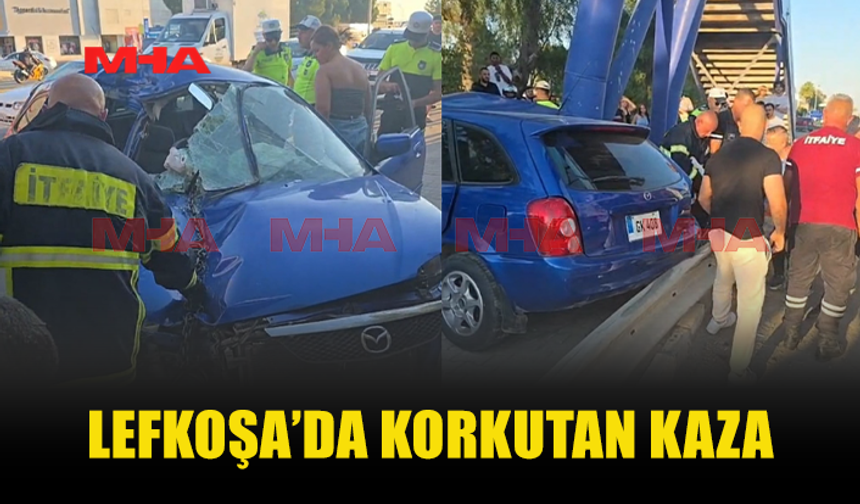 LEFKOŞA’DA KORKUTAN KAZA: BARİYERLERİ AŞIP BETONA VURUP DURABİLDİ