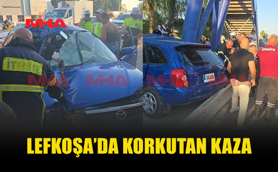 LEFKOŞA’DA KORKUTAN KAZA: BARİYERLERİ AŞIP BETONA VURUP DURABİLDİ